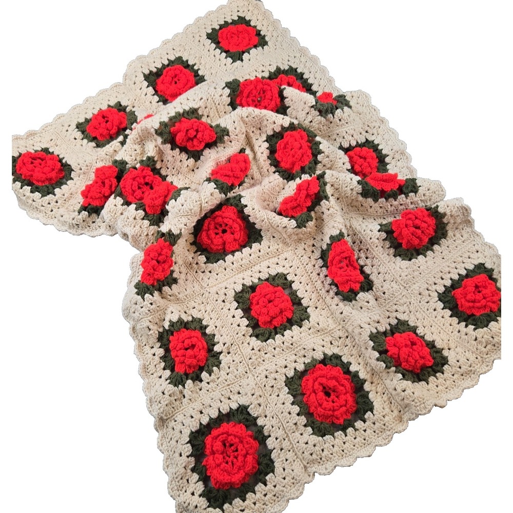 Crochet‎ Lap Afghan Throw Blanket Squares w/ 3-D Roses 33" X 60" Cozy Decorative